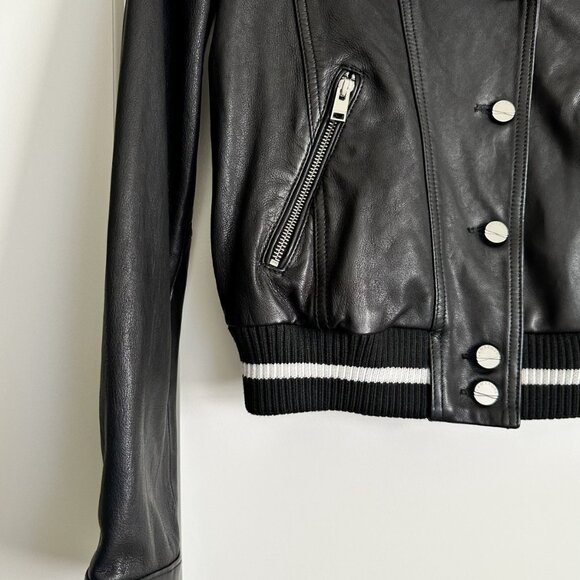 LAMARQUE Black Leather Ribbed Knit Varsity Bomber Jacket Size S - Picture 10 of 13